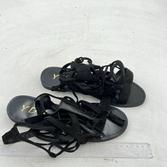 YDN Black Women Sexy Knee High Lace up Flats Fringe Low Heel Gladiator Strap - Picture 4 of 8